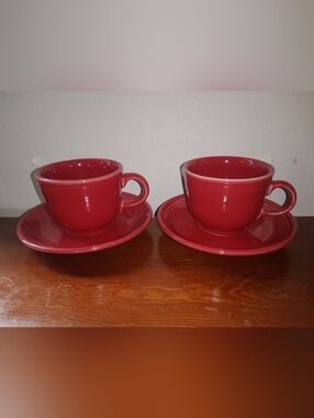 Vintage Fiesta Homer Laughlin Red Coffee Tea Cup And Saucer Set of 2